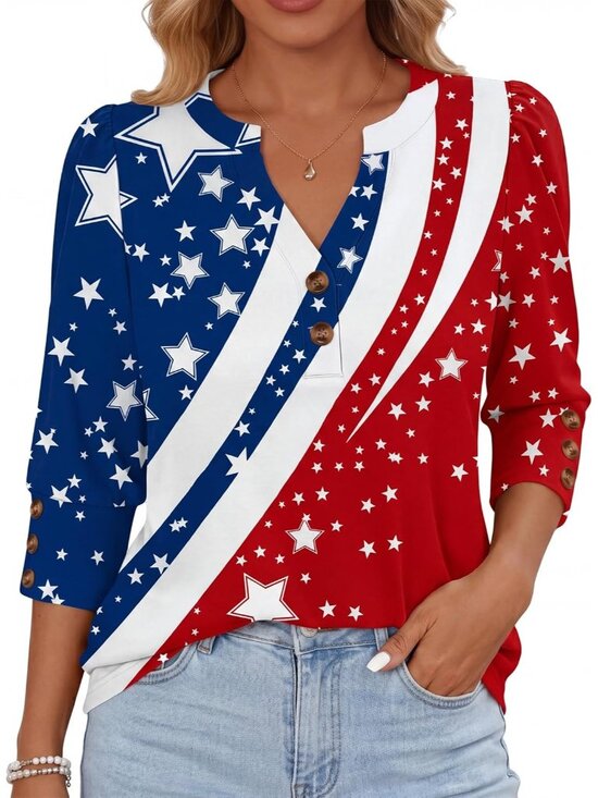 Tops - Women's Star Henley Sleeve Tops V Neck Comfy Fabric Shirts Versatile Casual